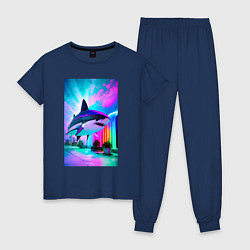 Пижама хлопковая женская Неоновая акула - нейросеть, цвет: тёмно-синий