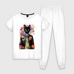 Пижама хлопковая женская Чёрный кот модник - нейросеть, цвет: белый