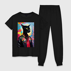 Пижама хлопковая женская Кошачья мода - нейросеть, цвет: черный