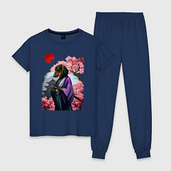Пижама хлопковая женская Такса-Самурай весенняя на фоне сакуры, цвет: тёмно-синий