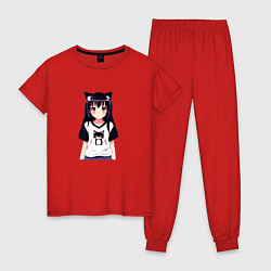 Пижама хлопковая женская Девочка аниме с котиком, цвет: красный