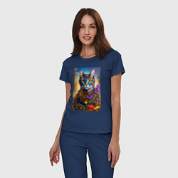 Пижама хлопковая женская Кот в стиле стимпанк - нейросеть - искусство, цвет: тёмно-синий — фото 2