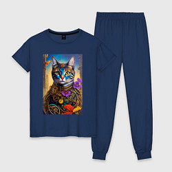 Пижама хлопковая женская Кот в стиле стимпанк - нейросеть - искусство, цвет: тёмно-синий