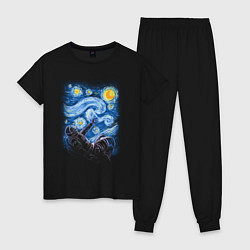 Пижама хлопковая женская Звёздная ночь и космонавт, цвет: черный