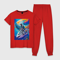 Пижама хлопковая женская Cyber shark - ocean and space - art, цвет: красный