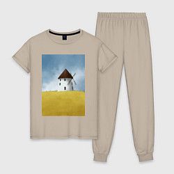 Пижама хлопковая женская Ветряная мельница в поле, цвет: миндальный