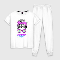 Пижама хлопковая женская Лето - девушка в розовых солнцезащитных очках, цвет: белый