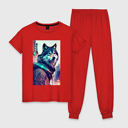Пижама хлопковая женская Волк - житель мегаполиса, цвет: красный