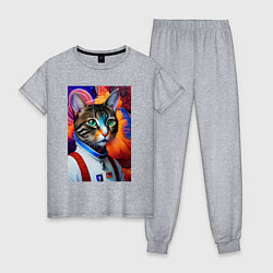 Пижама хлопковая женская Кот в комбинезоне - нейросеть, цвет: меланж