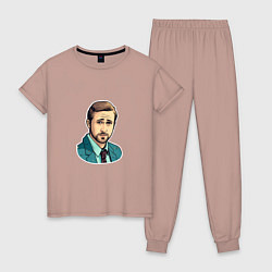 Пижама хлопковая женская Райан Гослинг арт, цвет: пыльно-розовый