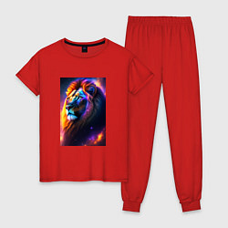 Пижама хлопковая женская Лев с радужной гривой и голубыми глазами, цвет: красный