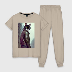 Пижама хлопковая женская Модный котяра - Лондон - нейросеть, цвет: миндальный