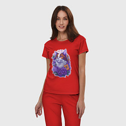 Пижама хлопковая женская Рыжий котик и фиолетовые цветы, цвет: красный — фото 2