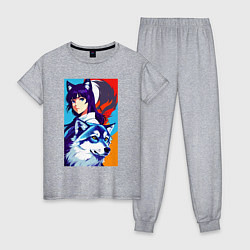 Пижама хлопковая женская Девочка-волчонок и волк - аниме - нейросеть, цвет: меланж
