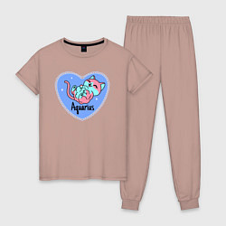 Пижама хлопковая женская Пушистый котик - водолей, цвет: пыльно-розовый