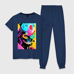 Пижама хлопковая женская Девушка в маске черепа - поп-арт, цвет: тёмно-синий