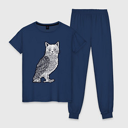 Пижама хлопковая женская Кошка сова, цвет: тёмно-синий