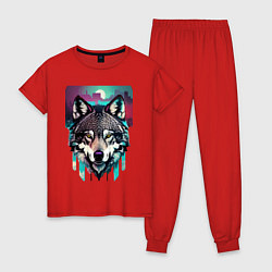 Пижама хлопковая женская Морда волка - акварель, цвет: красный
