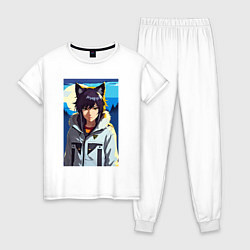 Пижама хлопковая женская Девочка-волчонок - аниме, цвет: белый