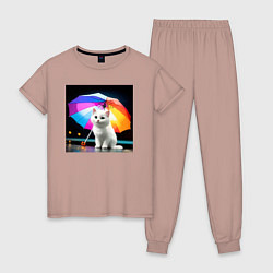 Пижама хлопковая женская Белый котенок под зонтиком, цвет: пыльно-розовый