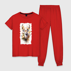 Пижама хлопковая женская Олень в цветах акварель, цвет: красный