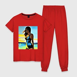Пижама хлопковая женская Отдыхающая в купальнике, цвет: красный