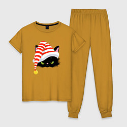 Пижама хлопковая женская Новогодний черный кот в новогоднем колпаке, цвет: горчичный