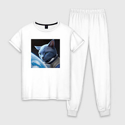 Пижама хлопковая женская Котик космонавт blue, цвет: белый