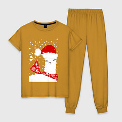 Пижама хлопковая женская Лама в шапочке и шарфе, цвет: горчичный