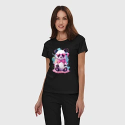 Пижама хлопковая женская Милая панда в розовых очках и бантике, цвет: черный — фото 2