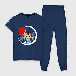 Пижама хлопковая женская Анимешный кот самурай, цвет: тёмно-синий