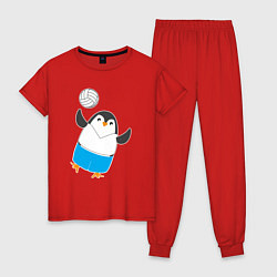 Пижама хлопковая женская Пингвин волейболист, цвет: красный