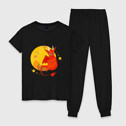 Пижама хлопковая женская Красный дракон на фоне луны, цвет: черный