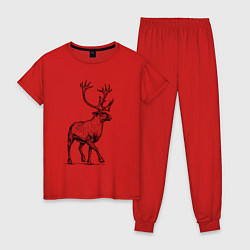 Пижама хлопковая женская Северный олень спереди, цвет: красный