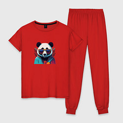 Пижама хлопковая женская Модная панда в солнечных очках, цвет: красный