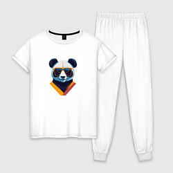 Пижама хлопковая женская Панда в модных очках, цвет: белый