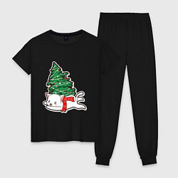 Пижама хлопковая женская Котик против елки, цвет: черный