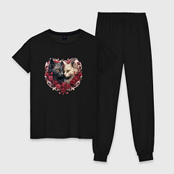 Пижама хлопковая женская Пара котов - День Валентина, цвет: черный