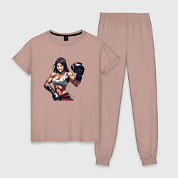 Пижама хлопковая женская Девушки и бокс, цвет: пыльно-розовый
