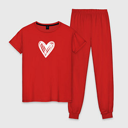 Пижама хлопковая женская Рисованное белое сердце парное, цвет: красный