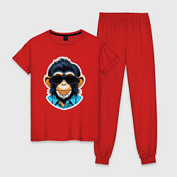 Пижама хлопковая женская Портрет обезьяны в темных очках, цвет: красный