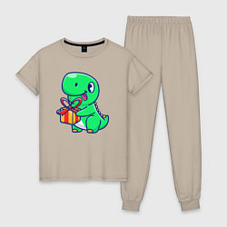 Пижама хлопковая женская Динозавр с подарком, цвет: миндальный