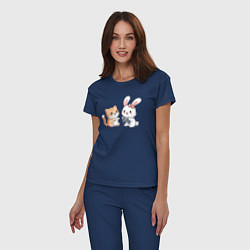 Пижама хлопковая женская Котик играет с кроликом, цвет: тёмно-синий — фото 2