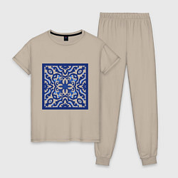 Пижама хлопковая женская Азулежу синий узор, цвет: миндальный