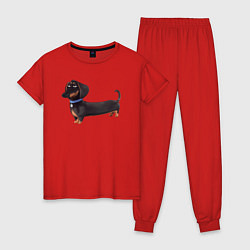 Пижама хлопковая женская Мультяшная собака такса, цвет: красный