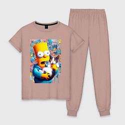 Пижама хлопковая женская Bart Simpson with a kitten - ai art, цвет: пыльно-розовый