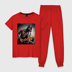 Пижама хлопковая женская Татуированный чёрный котяра рок гитарист, цвет: красный