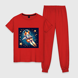Пижама хлопковая женская Реактивный корги в космосе, цвет: красный