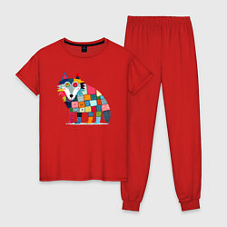 Пижама хлопковая женская Funny wolf - patchwork ai art, цвет: красный