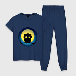 Пижама хлопковая женская Совенок в наушниках на фоне луны, цвет: тёмно-синий